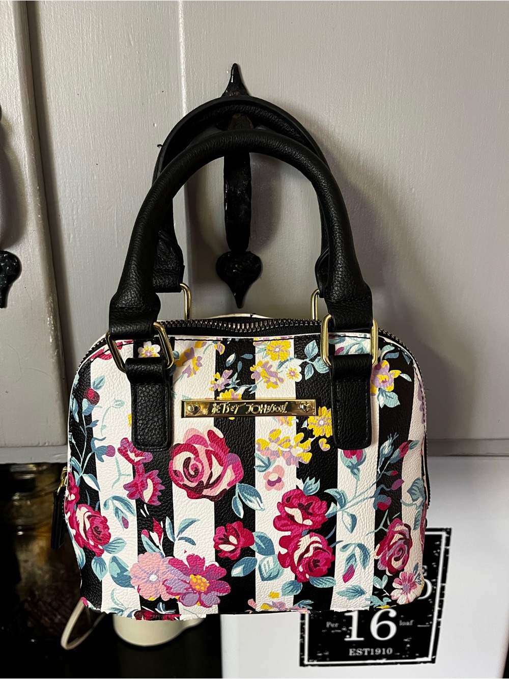 Betsey Johnson Black, White & Pink Floral Mini Satchel
